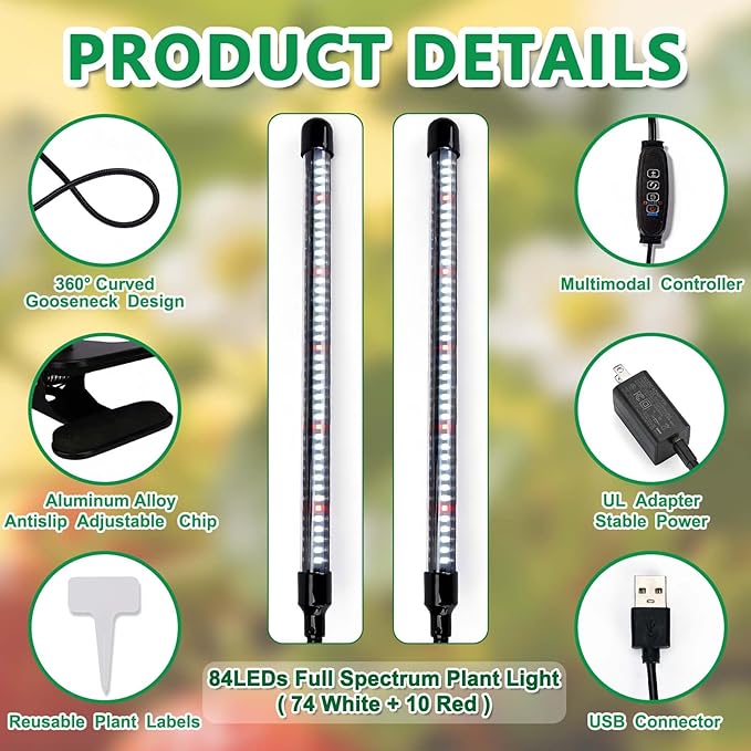 Grow Light for Indoor Plants, 84LEDs Full Spectrum Plant Light with UL Adapter, 4/8/12/18H Timer, 8.2FT Cord, 10 Dimmable Levels, 3 Light Modes, Includes 10 Plant Labels