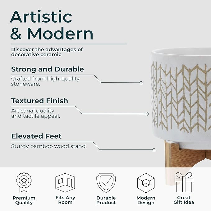 Ceramic Planter with Bamboo Wood Stand – Modern Stoneware Plant Pot with Geometric Chevron Pattern – Decorative Indoor & Outdoor Flower Holder for Living Room, Patio, or Garden Home Decor – 9" Beige