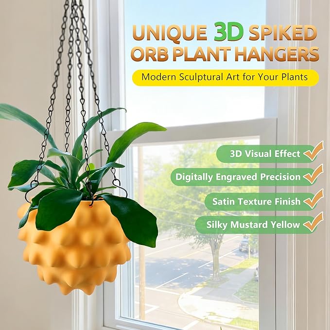 Enhon 7 Inch Hanging Planters for Indoor Plants, Unique Hanging Pots for Plants with Drainage and Hanger Baskets Hangers, Spiked Orb Plant Hanger, Matte Mustard Yellow