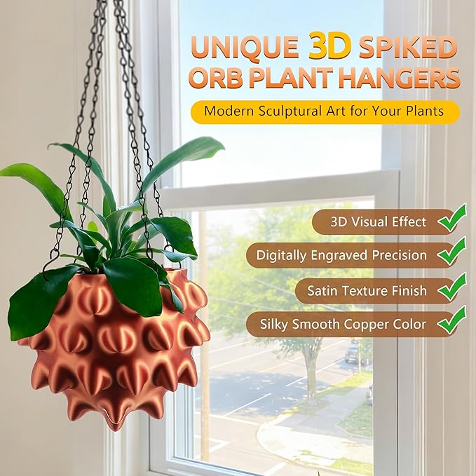 Enhon 7 Inch Hanging Planters for Indoor Plants, Unique Hanging Pots for Plants with Drainage and Hanger Baskets Hangers, Spiked Orb Plant Hanger, Silky Copper Finish