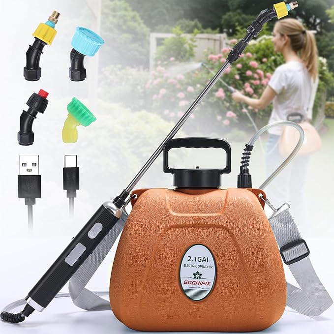 GOCHIFIX Electric Garden Sprayer 2.1 Gallon, 4 Mist Nozzles, Telescopic Wand, Adjustable Shoulder Strap, USB Rechargeable Waterproof Handle, Automatic Plant Mister for Lawn Garden