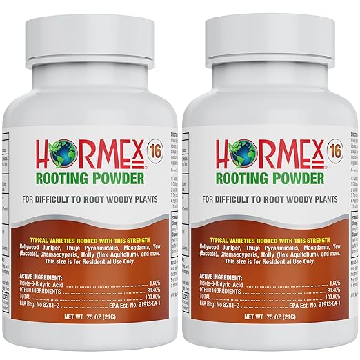 Hormex Rooting Hormone Powder #16 (1.60% IBA) for Difficult Hardwood Plants & Trees - Maximum Strength Root Stimulator, Growth Hormone & Root Booster for Woody Cuttings, Cloning & Propagation (2 Pack)