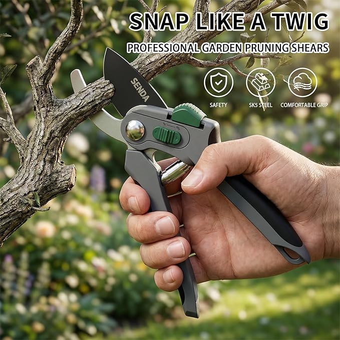 8" Bypass Pruning Shears, SK5 Steel Pruning Shears for Gardening, Garden Clippers with 2-Position Adjustable Jaw for Thick Branches, Landscaping
