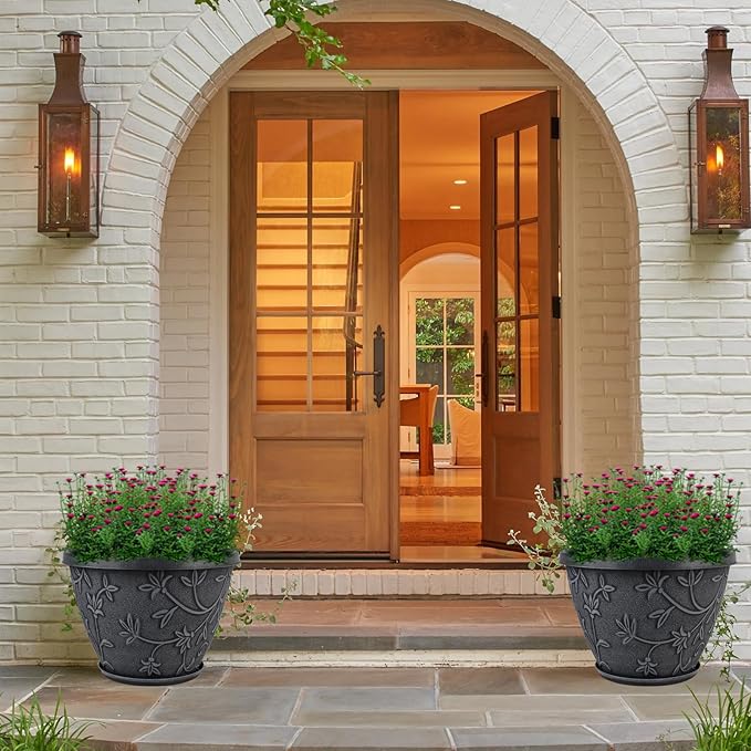 Nooulap 4 Pack 16 Inch Large Plant Pot for Outdoor, Plastic Flower Pot Indoor with Drainage Hole & Saucer, Modern Decorative Garden Pot, Imitation Magnolia Garden Pots for House Planters（Gray）