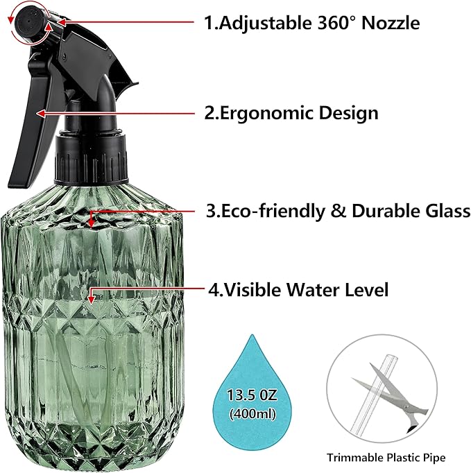 Glass Plant Misters for Inside, 13.5 oz Mister Spray Bottle for Plants, Spring Gardening, Cleaning, Hair, Pets Care with Adjustable Nozzle