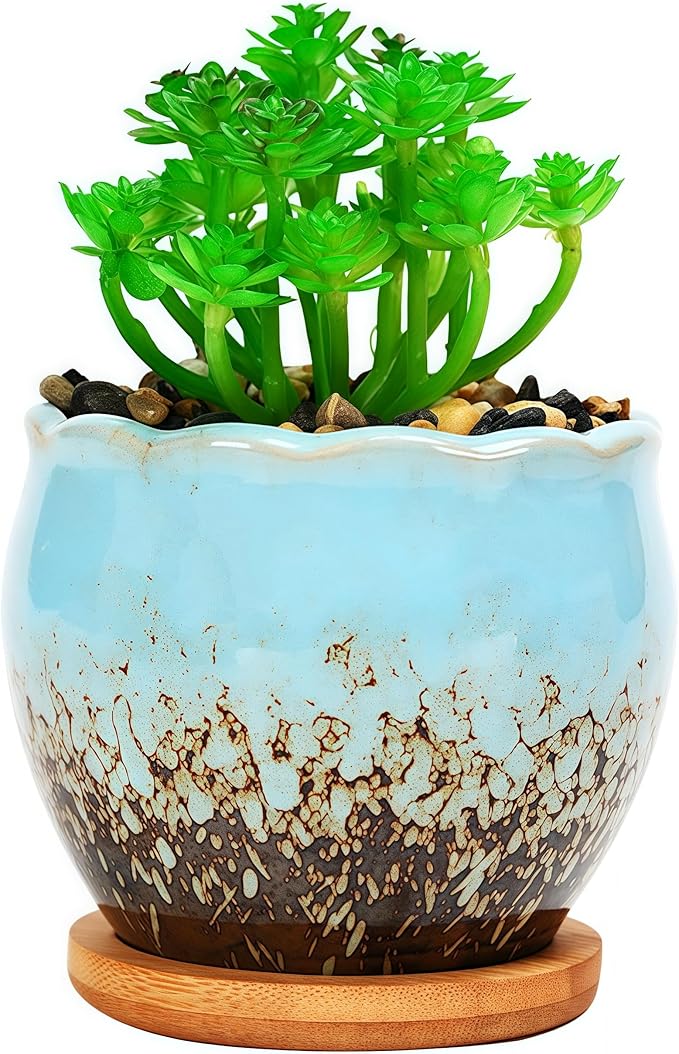 Cute Circular Ceramic Home Garden Decoration Succulent Cactus Flower Pots Container with Bamboo Tray -Plant Not Included (Blue, 3.9 Inch)
