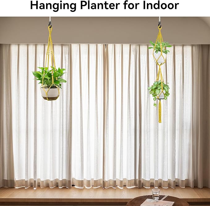 USLAI Macrame Plant Hanger Indoor Outdoor, Up to 4-15 inch Pot, Heavy 20lb Planters, Extra Long Strong Hanging Planter Basket Holder, Boho Home Decor, 35+49 Inch, Yellow (POTS NOT Included)