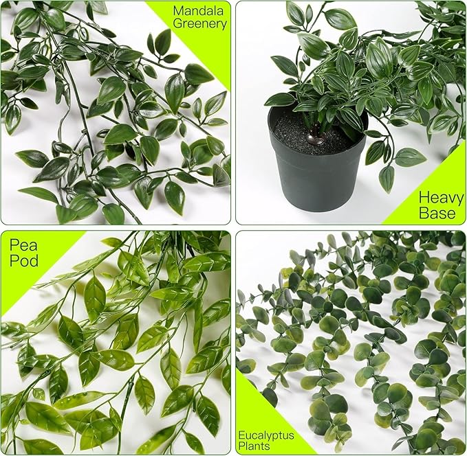 Artificial Hanging Plants, 3 Pack Faux Eucalyptus Mandala Vine Pea Pod Potted Greenery, UV Resistant Waterproof for Indoor Outdoor Garden Wall Wedding Decor