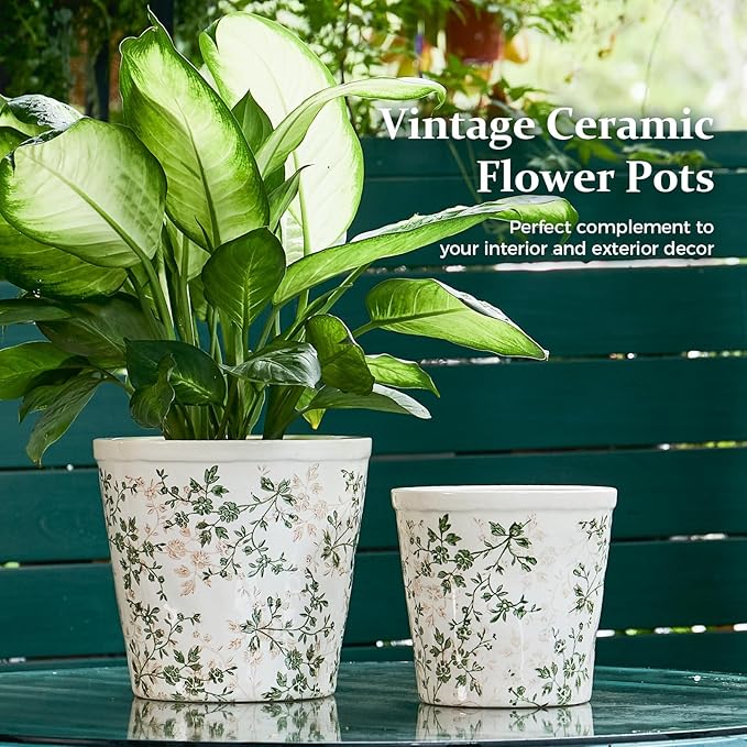 Teweiqi Ceramic Planter Without Drainage Hole, 6.7 Inch - Indoor/Outdoor Flower Pot for Orchids, Succulents, Green Floral Modern Farmhouse Design Plant Pot for Home,Office & Garden Décor, Ideal Gift