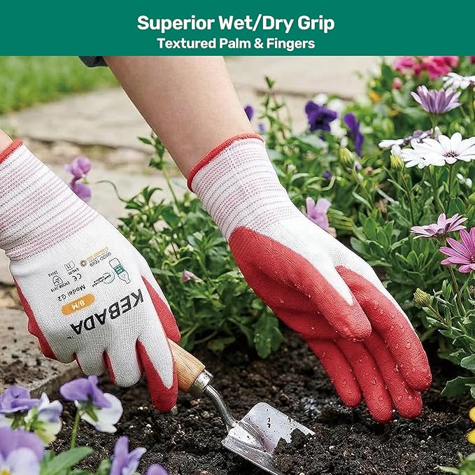 Kebada Gardening Gloves for Women, 6 Pairs Latex Coated Women Yard Work Gloves, High Visibility, Medium, Aqua & Red