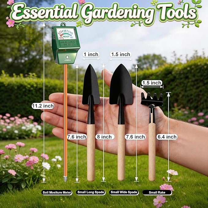 Soil Moisture Meter Garden Tools Set - 4 in 1 Plant Water Meter with Mini Shovel, Trowel & Hand Rake for Indoor Outdoor Plants, Succulents, Bonsai, Houseplants