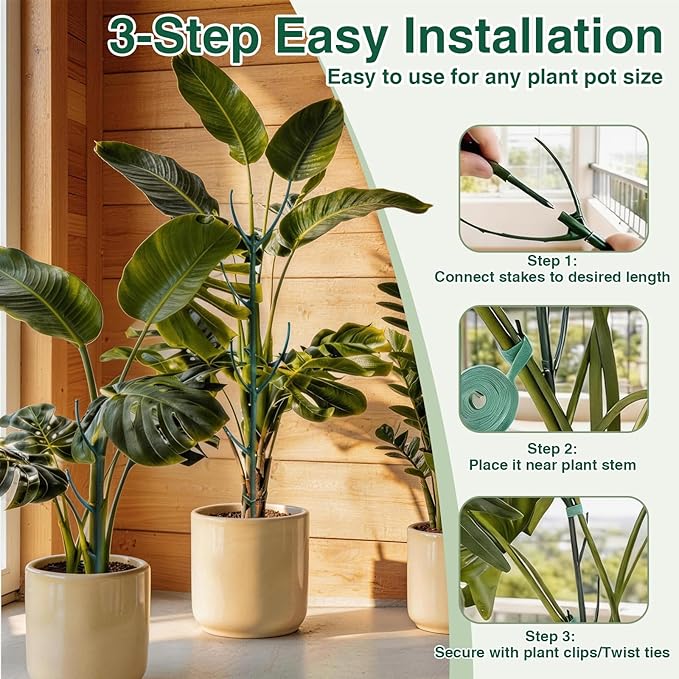 5 Pack Stackable Plant Support Stakes, 38inch Climbing Plant Sticks Structures for Monstera with Garden Ties, Durable Alternative to Moss Pole for Indoor Outdoor Plants