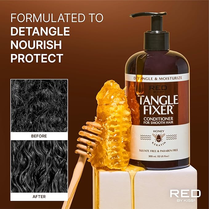 Red by Kiss Tangle Fixer with Honey & Keratin, Sulfate-Free Detangling Conditioner for Shine & Frizz Protection, Mango & Peach Scent