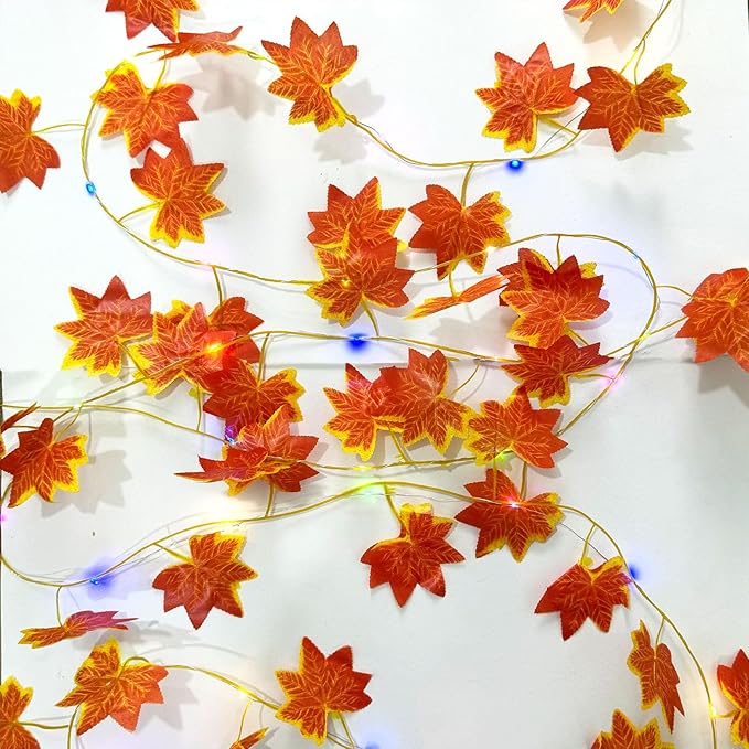 6 Pcs Artificial Hanging Plants Red Maple Leaf Vines With 60 Colorful Lights, RRed Maple Vine Leaves,Fake Plant Vines,Can Be Used for Wall,Party Wedding,Home,Kitchen, Indoor and Outdoor Decoration