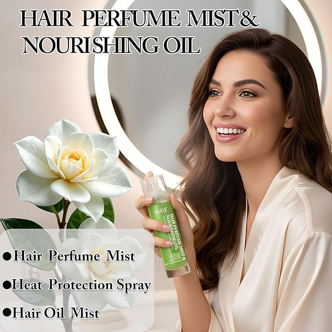SLUJ Hair Perfume for Women - Hair Mist with Argan Oil & Light Green Shimmer, Lightweight Hair Oil Spray for Dry Hair, Heat Protection Spray for Hair, Long Lasting Hair Scent