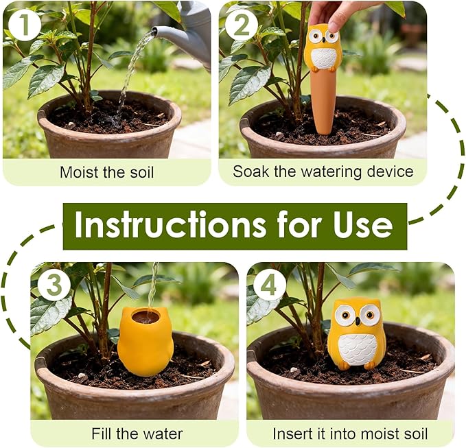 MCleanPin 4 Pack Plant Watering Spikes and Globes Handmade Terracotta Self-Watering Planter Insert Automatic Plant Waterer Devices for Indoor Outdoor Plants (Forest Animals)