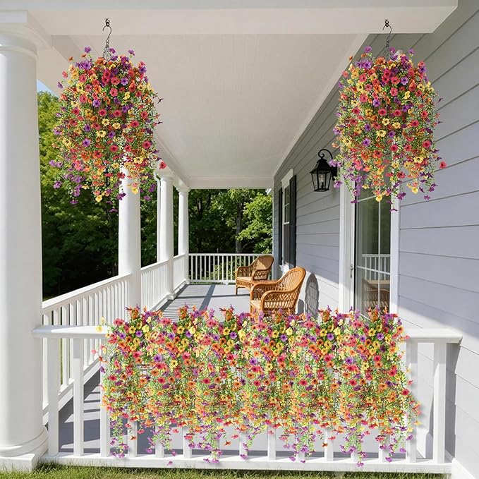 Hommyea Fake Artificial Hanging Flowers for Outdoors, 2 Pcs Fake Hanging Plant Spring Summer Decor, UV Resistant No Fade Faux Silk Daisy Flower for Front Door Porch Planter Patio Yard Garden