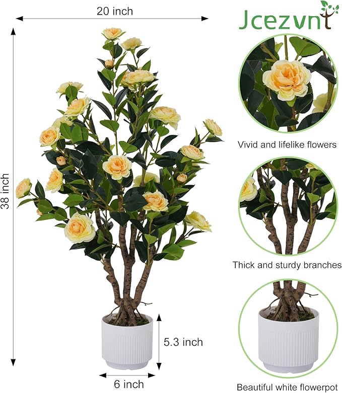 2 Pack Artificial Camellia Tree with White Pot, 38" Faux Potted Plants for Indoor Outdoor Decor, Tall Silk Greenery Plant for Home Offce Living Room Balcony, Yellow