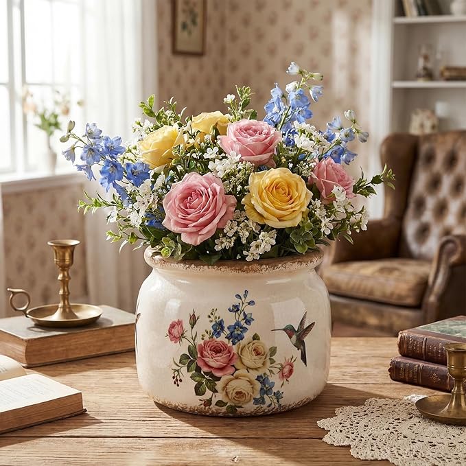 Vintage Large Ceramic Planter with Hummingbird's Bloom Pattern Creamy White Ice Crack Finish Antique Cottage Flower Vase Pot for Indoor Plants Farmhouse Home Kitchen Office Decor