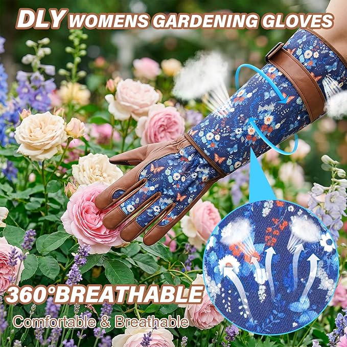 DLY Gardening Gloves for Women, Rose Gloves Thorn Proof, Long Garden Gloves for Women, Breathable Cowhide (Large, Brown)