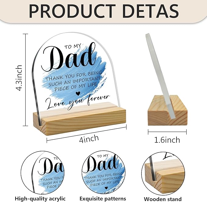 To My Dad Blue Arched Acrylic Sign with Wooden Stand – Heartfelt Birthday & Father’s Day Gifts for Dad from Daughter & Son, Meaningful Keepsake for Stepdad & Father-in-Law, Desk & Home Decor