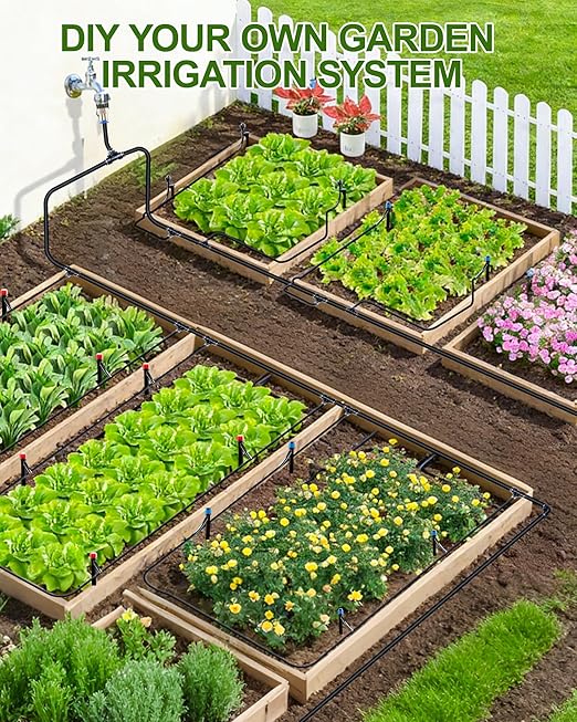 180FT Drip Irrigation System Kit, Automatic Garden Watering System with 1/2” & 1/3” Tubing, Adjustable Nozzle Emitters for Garden, Greenhouse, Lawn, Potted Plants