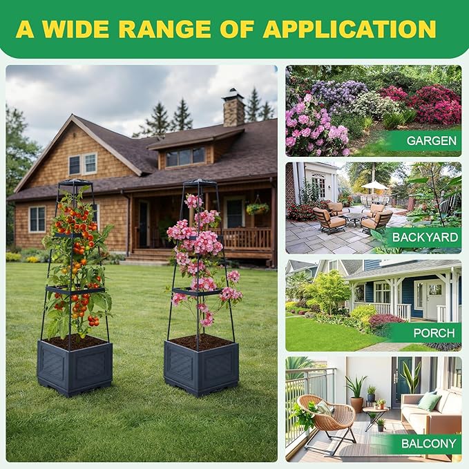 Raised Garden Bed, Tomato Cages for Garden, Tomato Cage, Raised Garden Beds Outdoor, Planter Box with Trellis, 44.8" Self-Watering Tomato Planter for Climbing Plants Vegetables Flowers(With Wheels)