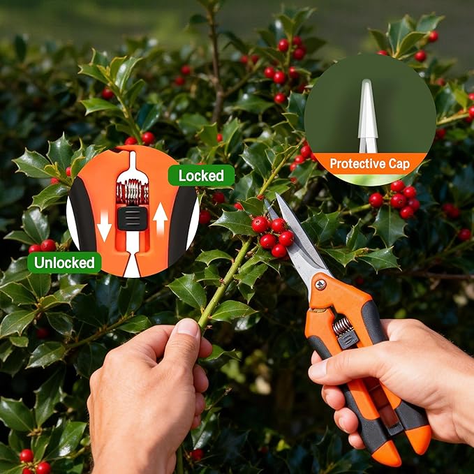 3PCS Garden Pruning Shears Set - Heavy Duty Bypass Pruners, Sharp Stainless Steel Gardening Scissors with Ergonomic Handle, Secateurs for Plants, Flowers, Fruit Trees, Bush Trimming (Orange)