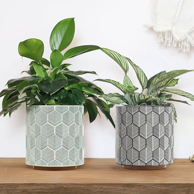 GUGUGO Plant Pots Hexagonal Pattern, Boho Modern Planters for Indoor Plants, Unique Decorative Flower Planter Pot with Drainage, Cute Small Succulent Pots, Eclectic Funky Gardening Pot Gifts, Black