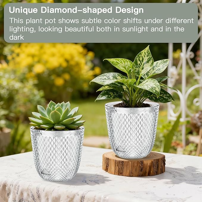 QCQHDU 2 Pack Self Watering Pots, 5.7 Inch Flower Pots with Drainage Holes and Water Filling Port, Garden Planter for Indoor Outdoor Plants (Clear)