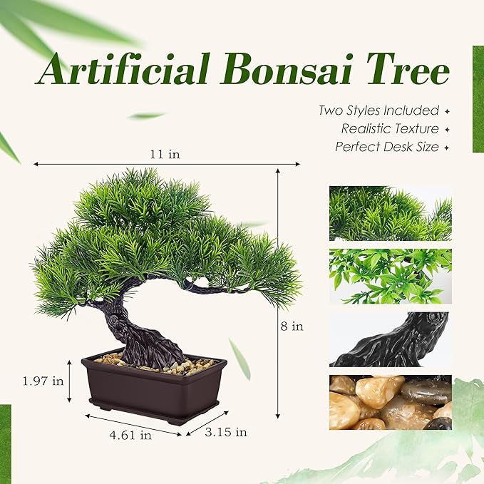Der Rose 2Pcs Small Fake Plants Artificial Bonsai Tree Set Ficus and Cedar for Office Desk Shelf Room Home Zen Decor Indoor
