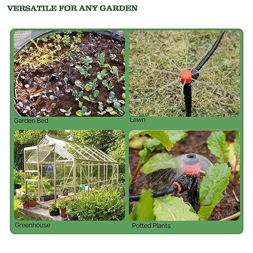 A ANLEOLIFE 230FT Drip Irrigation System Kit, Complete Garden Watering System with 1/2” & 1/4” Quick-Connect Tubing, 32 Adjustable Emitters for Raised Beds, Lawn, Greenhouse, Potted Plants