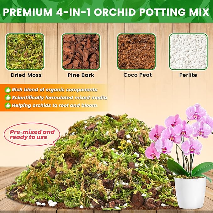 Legigo 4 QT Orchid Potting Mix for Repotting- Include Moss, Pine Bark, Perlite and Coco Peat, Orchid Bark Potting Mix, Orchid Soil for Potting Indoor Plants, Enhanced Drainage & Root Ventilation