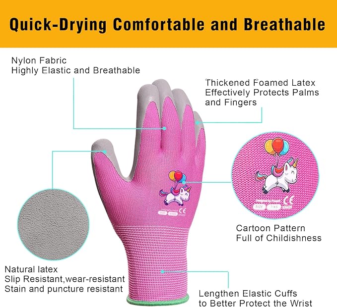 KDK Ages 3-5 Kids Gardening Gloves,Yard Work Gloves for Toddlers, Youth, Girls, Boys, Childrens, Soft Safety Rubber Glove (XXXS Age 3-5, 3 Pairs Yellow, Light Blue & Pink)