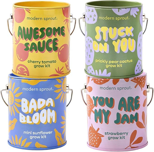 Modern Sprout Complimentary Color Grow Kits (Pack of 4) - Gift for Plant Lovers - Seed Starter Kit - Includes Organic Strawberry Tomato Sunflower & Cactus Seeds - Gardening Gifts that Grows with Love