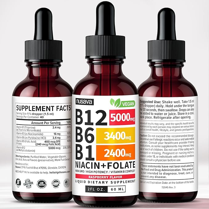 (4 Pack) Vitamin B12 and B6 Liquid Drops, B12 Sublingual Vitamin B Complex - B 12 Vitamin 5000mcg - B12 Methylcobalamin for Energy, Brain, and Heart Support with 27,200 mcg, Raspberry, 80 Servings