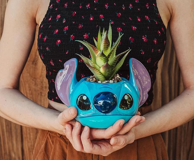 Silver Buffalo Lilo and Stitch, Stitch Face Decorative Artificial Faux Greenery Plant in Ceramic Large
