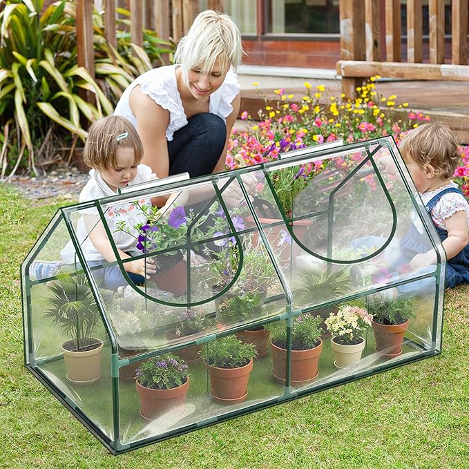 OnBrand 64.96" x 33.07" x 35.43" Portable Mini Greenhouse for Outdoors Indoors, PVC Small Green House with Dual-Sided Doors, Clear Plant Tent for Seedlings Flowers Vegetables