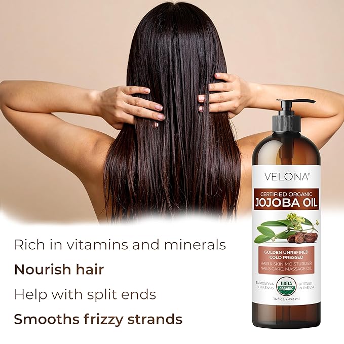 velona Jojoba Oil USDA Certified Organic - 32 fl oz (With Pump) | 100% Pure and Natural | Golden, Unrefined, Cold Pressed, Hexane Free | Moisturizing Face, Hair, Body, Skin Care