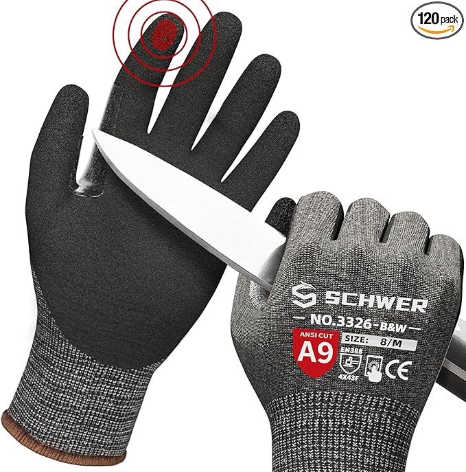 Schwer ProGuard High Level Cut Resistant Work Gloves PR3326 for Extreme Protection，ANSI A9 Cut Gloves with Reinforced Thumb, Non Slip, Durable, Touch-screen, Black 120 Pairs, M