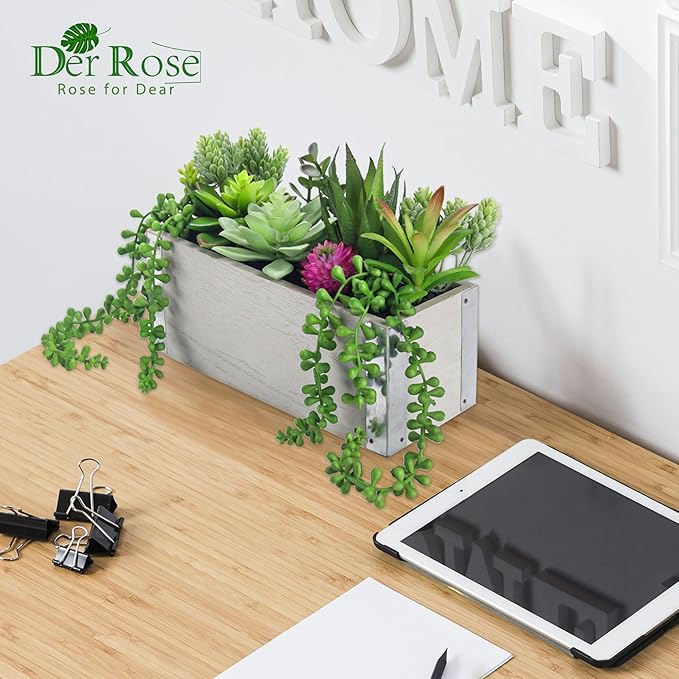 Der Rose 11 Inch Fake Plants Succulents Plants Artificial Cactus Plants in Wood Pots for Farmhouse Bathroom Decor