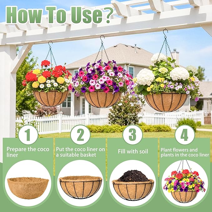4 Pack 12 Inch Hanging Baskets for Plants Outdoor Metal Hanging Planters Round Hanging Flower Pots with Coco Coir Liner Plant Holder for Outdoor Patio Garden Balcony Decor - Watermelon