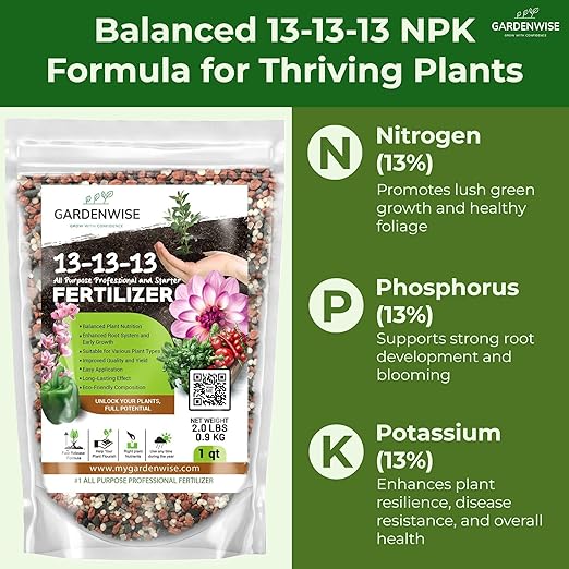 Gardenwise 13-13-13 Slow Release Granular Fertilizer – All Purpose Plant Food 13 13 13 for Outdoor Grass, Vegetables, Roses, Flowers, Shrubs, Trees. Lawns, Gardens, Potted Plants (1 Quart)