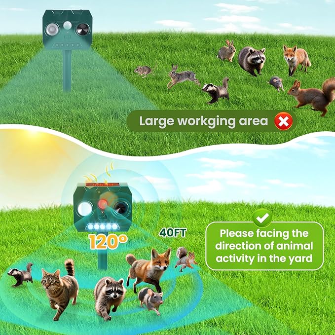 Solar Ultrasonic Animal Repellent Outdoor, 4 Pack Cat Squirrel Raccoon Bird Dog Deer Repellent Devices with PIR Motion Sensor ＆ LED Flash, Waterproof Animal Deterrent for Garden Yard Farm
