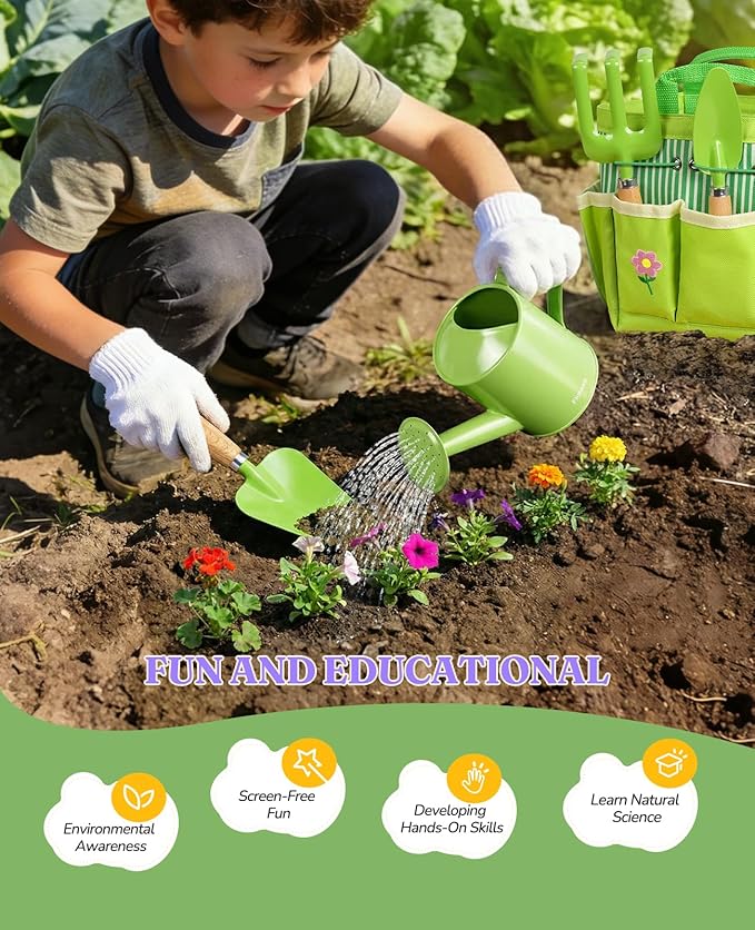 8Pcs Kids Gardening Set with Metal Basket & Real Metal Tools, STEM Outdoor Kit, Ergonomic Wooden Handles, 3 Shovels, Rake, Watering Can, Gloves, Tote Bag, Gift for Toddler Boys Girls, Green