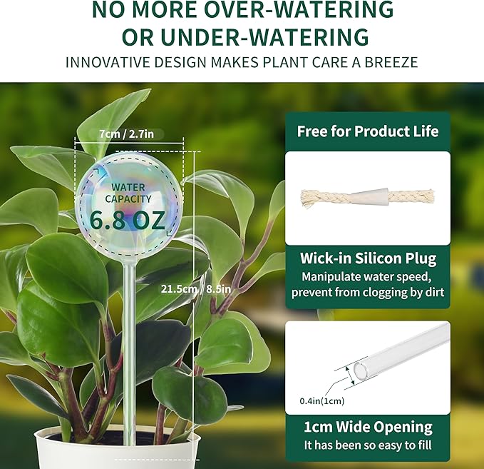 Soilagua 6.4 oz Medium Plant Self Watering Globes, Light Iridescent Glass Water Bulbs for Indoor Plants, Vacation Watering System, Plant Watering Spikes Stakes, Automatic Plant Waterer, 4 Pack