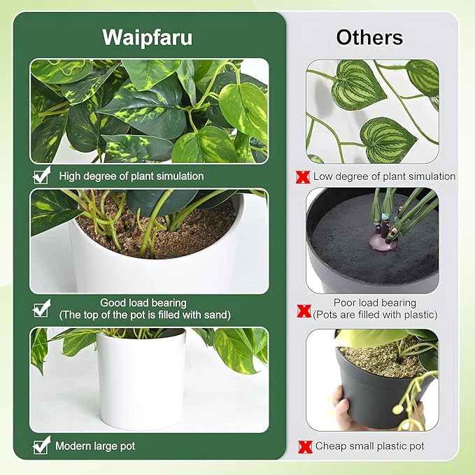 Waipfaru Fake Plants Artificial Plants Indoor, 2Pcs 34" Realistic Artificial Hanging Fake Pothos Vines Ivy Potted, Faux Pothos for Living Room Office Bedroom Bathroom Kitchen Shelves Indoor Home Decor
