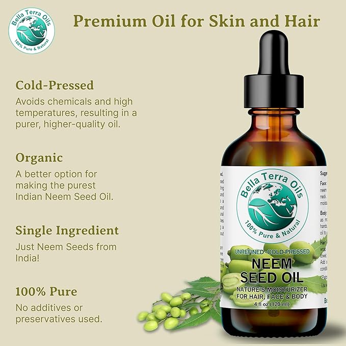 Bella Terra Oils - Organic Neem Seed Oil 8 oz - Harnessing the Power of Organic Neem Seeds, Rich in Stearic Acid, A Luxurious Elixir for Natural Skin Care