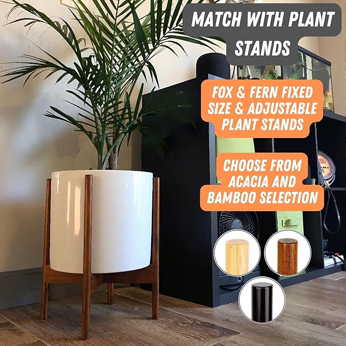 Fox & Fern 12" Large Plant Pot Fits Plant Stand - Drainage Plug - Outdoor Indoor - Matte White