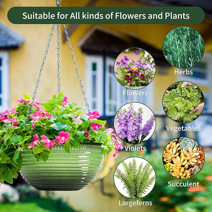 Vanslogreen 12 inch Hanging Planters for Indoor Outdoor Plants, 2 Pack Large Hanging Flower Pots with Drainage Holes and Chain, Glazed Hanging Baskets for Home Garden Decoration, Green